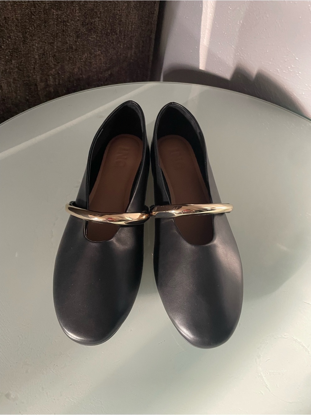 INC International Concepts Black Flats with Gold Bar Accent